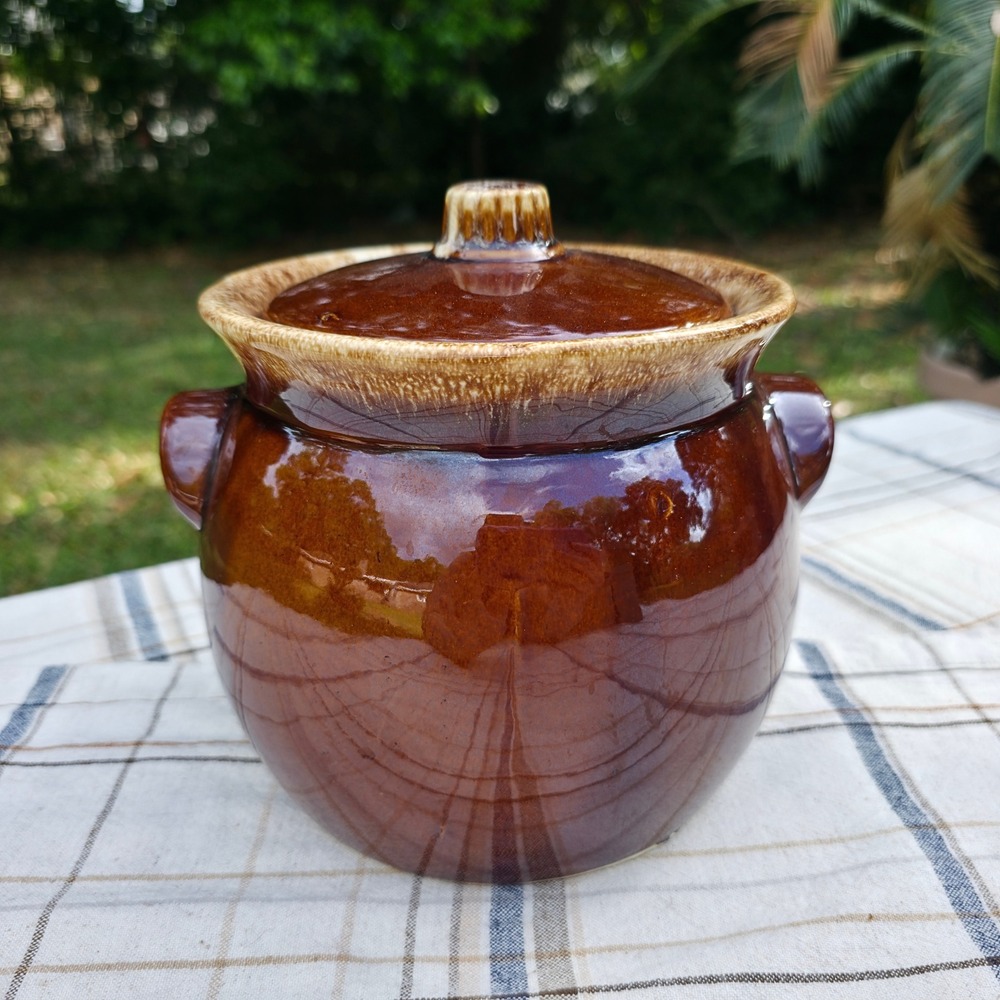 Hull Pottery Bean Pot w/ Lid Home & Garden Mirror Brown Drip Oven Proof USA VTG